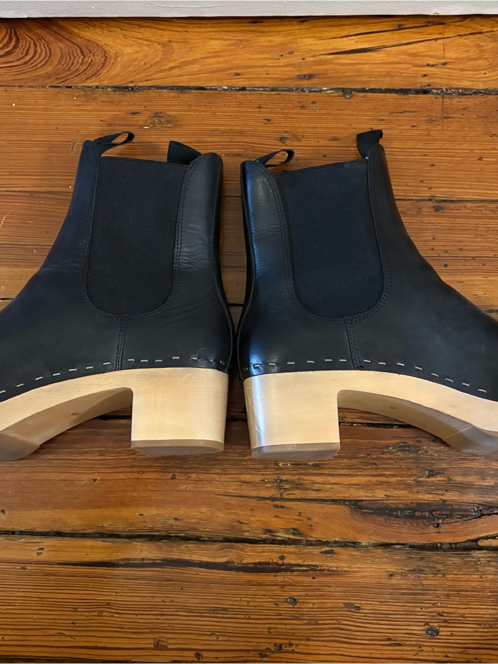 Loeffler Randall Black Leather Chelsea Boots with Natural Wood Heel